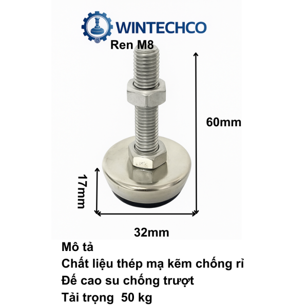 Chân tăng chỉnh thép mạ D32xM8x60