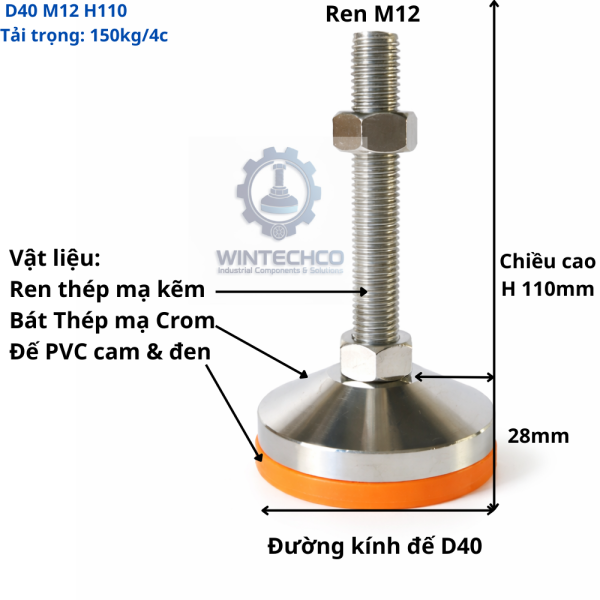 Chân tăng chỉnh chịu tải nặng D40xM12x110