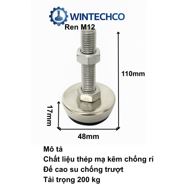 Chân tăng chỉnh thép mạ D48xM12x100