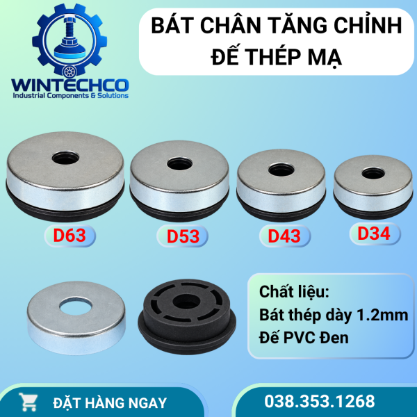 Bát chân tăng chỉnh thép mạ đế PVC D34, D43, D53, D63 | WINTECHCO