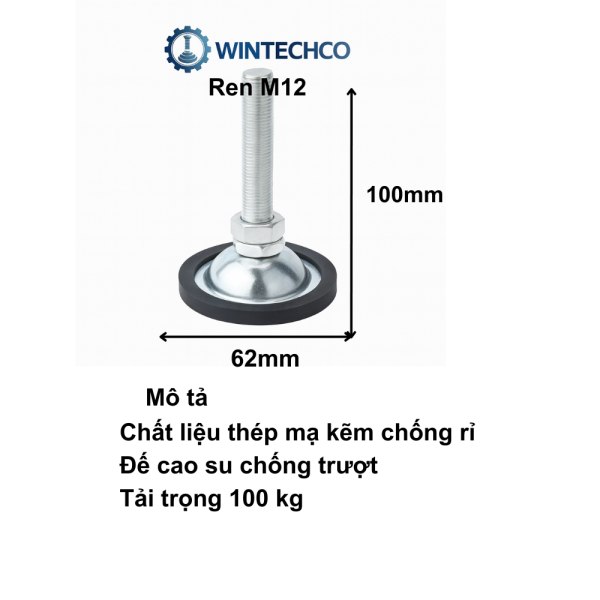 Chân tăng chỉnh thép mạ viền cao su D62xM12x80