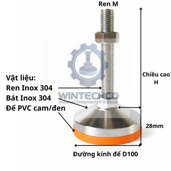 Chân tăng chỉnh chịu tải D100 inox 304