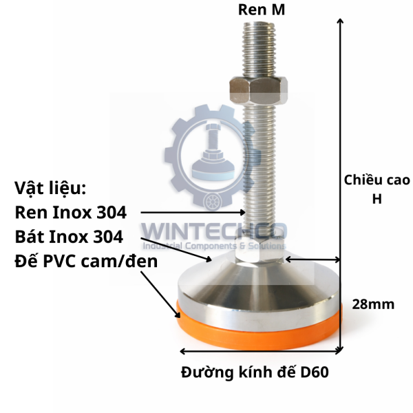 Chân tăng chỉnh chịu tải D60 inox 304