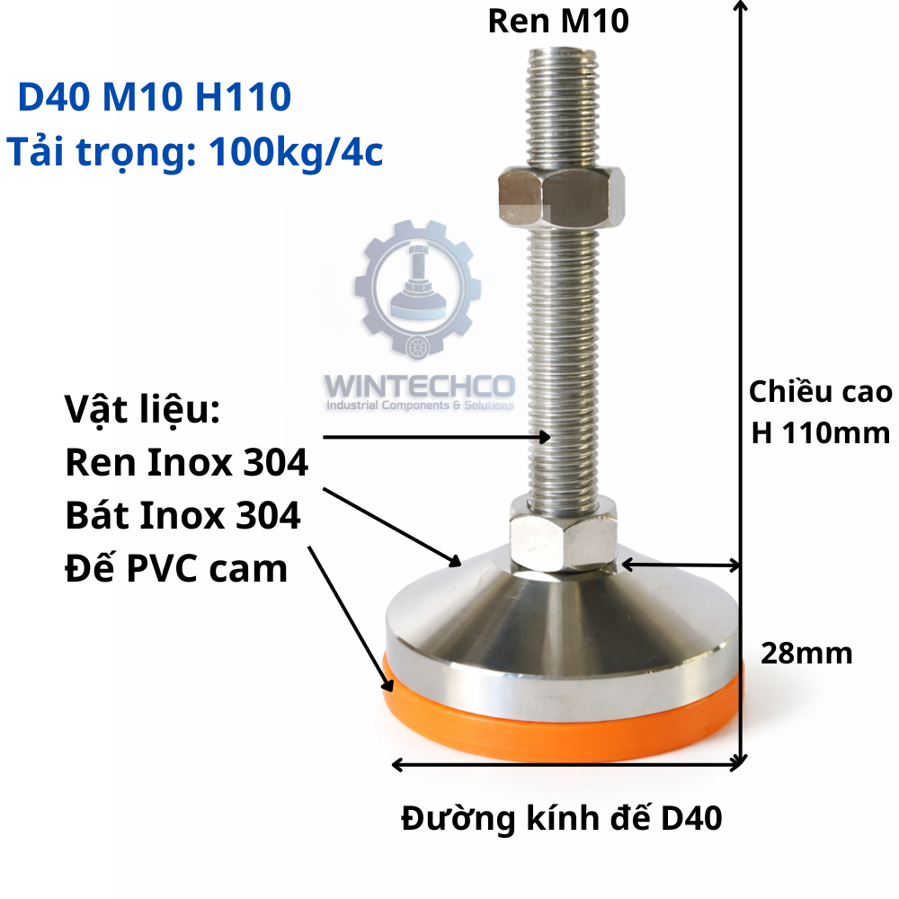Chân tăng chỉnh chịu tải D40xM10x110 inox 304