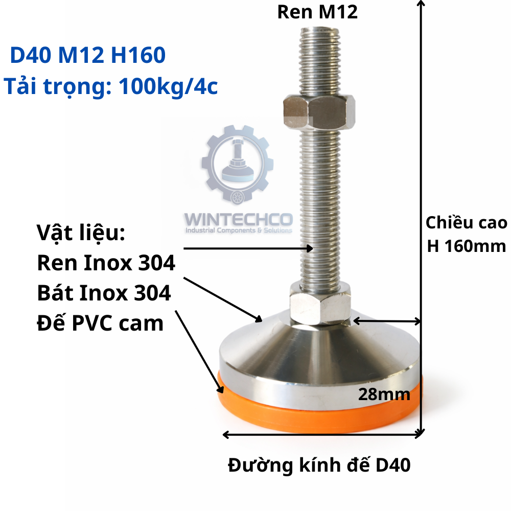 Chân tăng chỉnh chịu tải D40xM12x160 inox 304