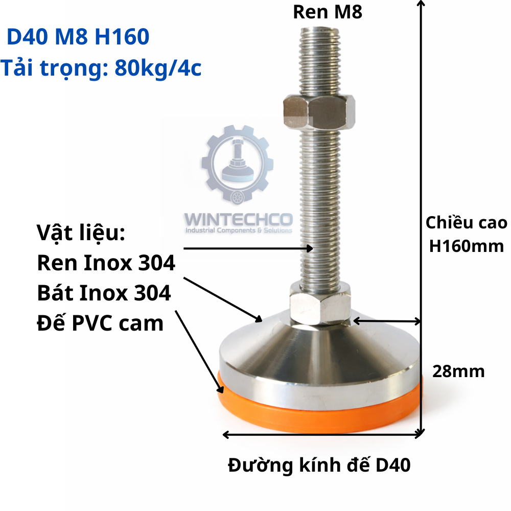 Chân tăng chỉnh chịu tải D40xM8x160 inox 304