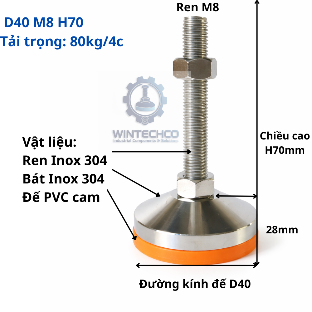 Chân tăng chỉnh chịu tải D40xM8x70 inox 304