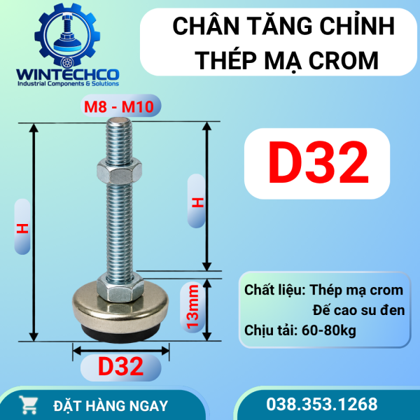 Chân Tăng Chỉnh D32 – Thép Mạ Crom, Ren M8 M10 | WINTECHCO