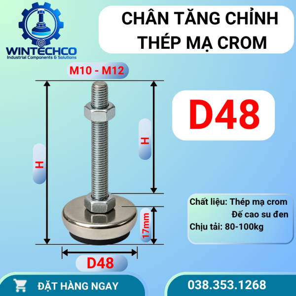 Chân Tăng Chỉnh D48 – Thép Mạ Crom, Ren M8 M10 M12 | WINTECHCO