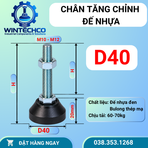 Chân tăng chỉnh đế nhựa D40 – Ren M10, M12 | WINTECHCO