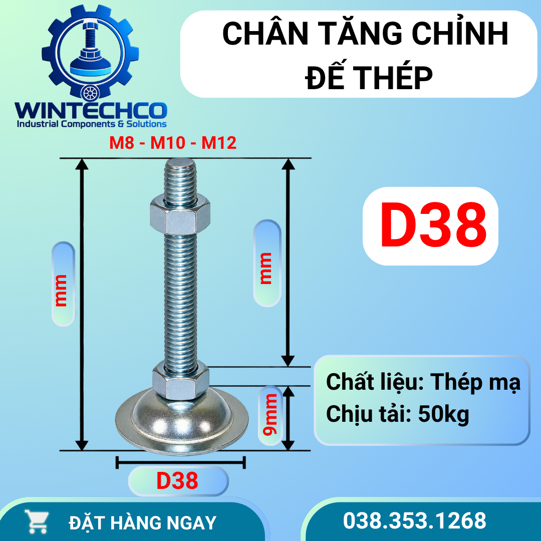 Chân tăng chỉnh đế thép mạ kẽm D38 – Ren M8 M10 | WINTECHCO