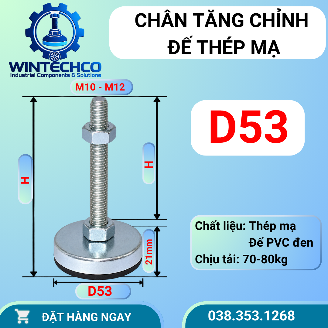 Chân tăng chỉnh chống rung D53 – Đế nhựa, ren M10 M12 | WINTECHCO