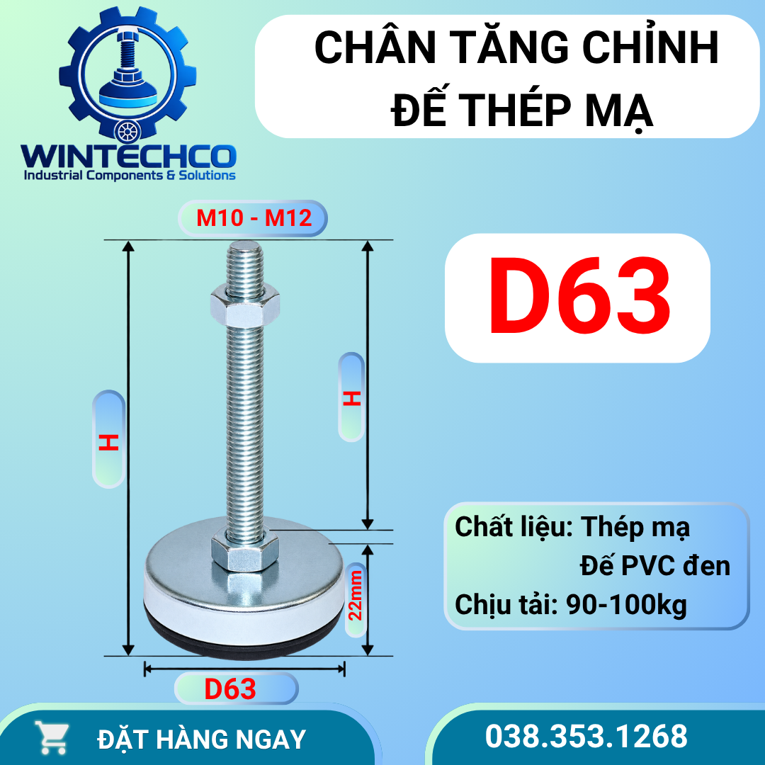 Chân tăng chỉnh chống rung D63 – Đế nhựa, ren M10 M12 | WINTECHCO