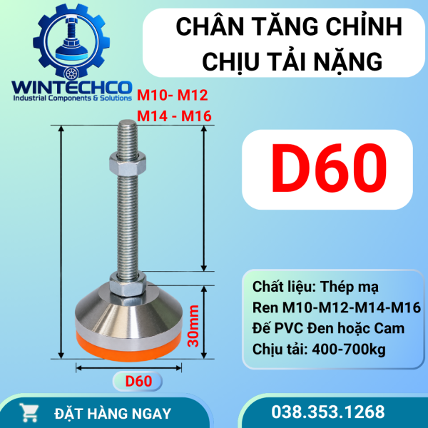 Chân tăng chỉnh chịu lực D60 - Bát thép đặc, chịu tải 2.5 tấn/Bộ 4 chân | Wintechco