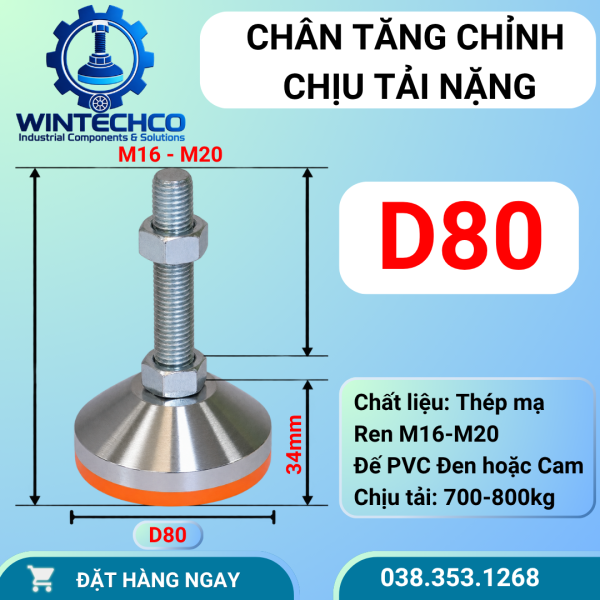 Chân tăng chỉnh chịu lực D80 - Bát thép đặc, chịu tải 3 tấn/Bộ 4 chân | Wintechco