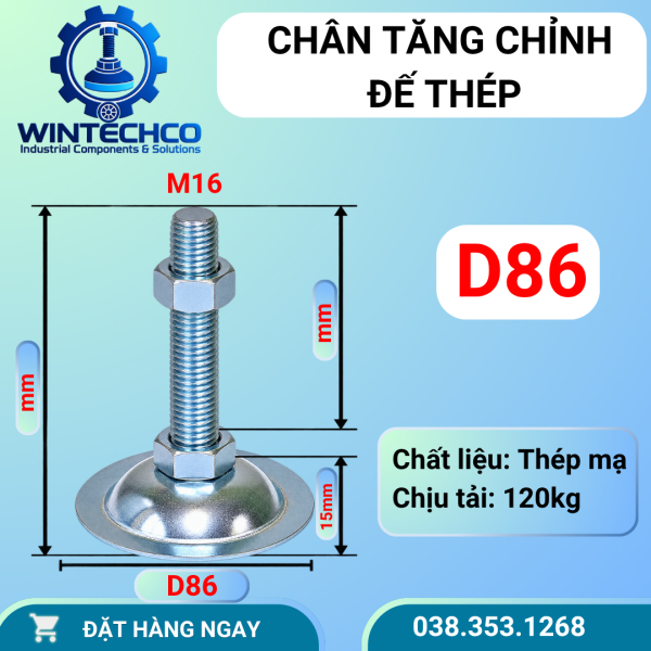 Chân tăng chỉnh đế thép mạ kẽm D86 – Ren M16 | WINTECHCO