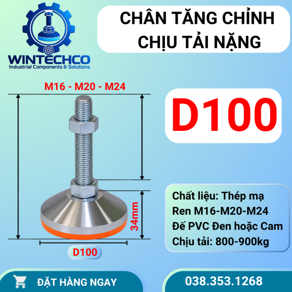 Chân tăng chỉnh chịu lực D100 - Bát thép đặc, chịu tải 3.5 tấn/Bộ 4 chân | Wintechco