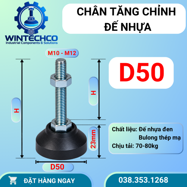 Chân tăng chỉnh đế nhựa D50 – Ren M10, M12 | WINTECHCO