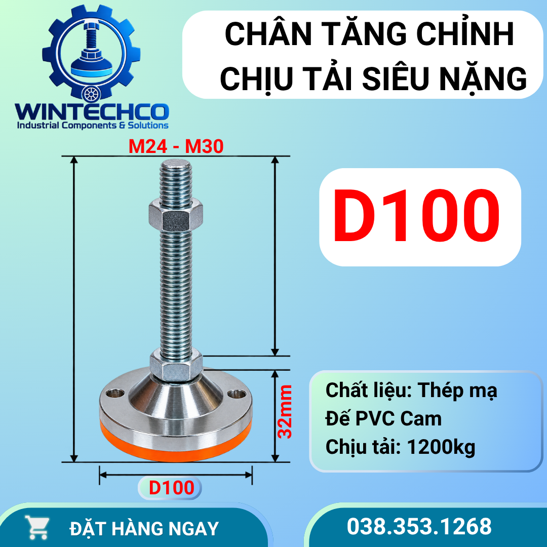 Chân tăng chỉnh chịu tải siêu nặng D100 2 lỗ – Bát thép đặc, chịu tải 4.8 tấn/Bộ 4 chân | WINTECHCO