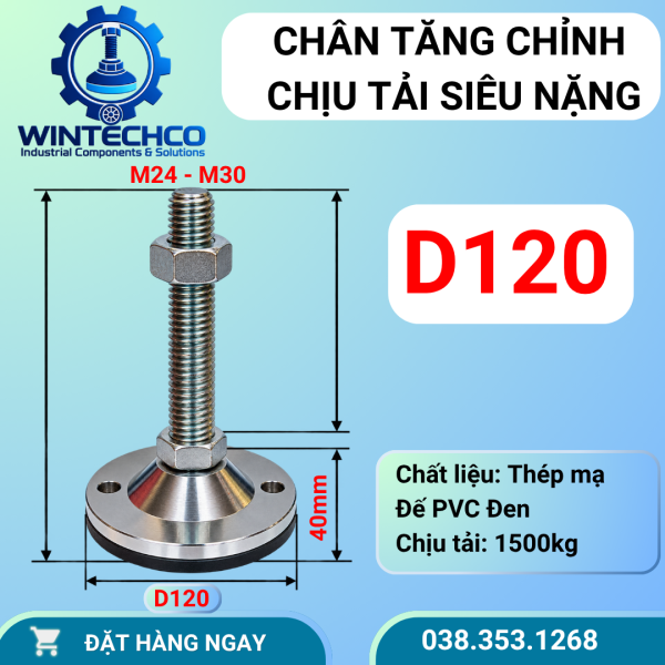 Chân tăng chỉnh chịu tải siêu nặng D120 2 lỗ – Bát thép đặc, chịu tải 6 tấn/Bộ 4 chân | WINTECHCO