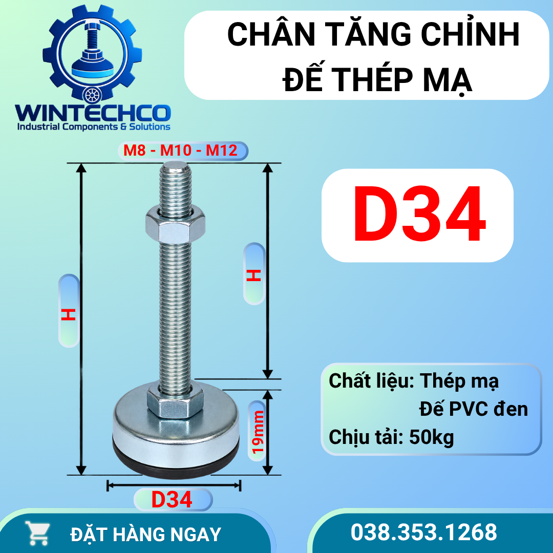 Chân tăng chỉnh chống rung D34 – Đế nhựa, ren M8 M10 M12 | WINTECHCO